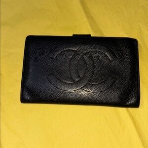 Authentic Vintage Chanel Black Caviar Leather Long Designer Wallet